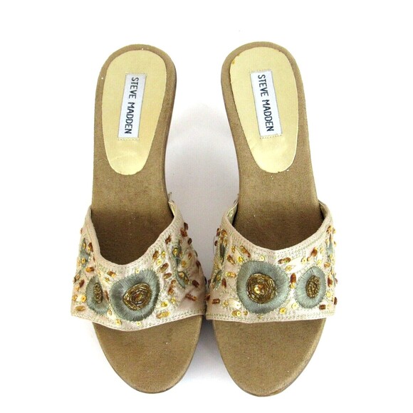 Steve Madden Precious Women's Size 9 Slip On Sandals Gold Cone Heel Sequins - Picture 2 of 8